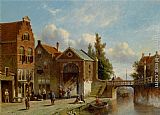 Town Canvas Paintings - Figures in the Quay of a Dutch Town